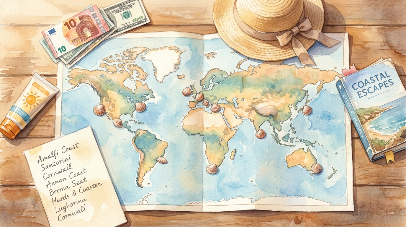 Aquarellillustration einer Reiseplanungsszene auf einem abgenutzten Holztisch