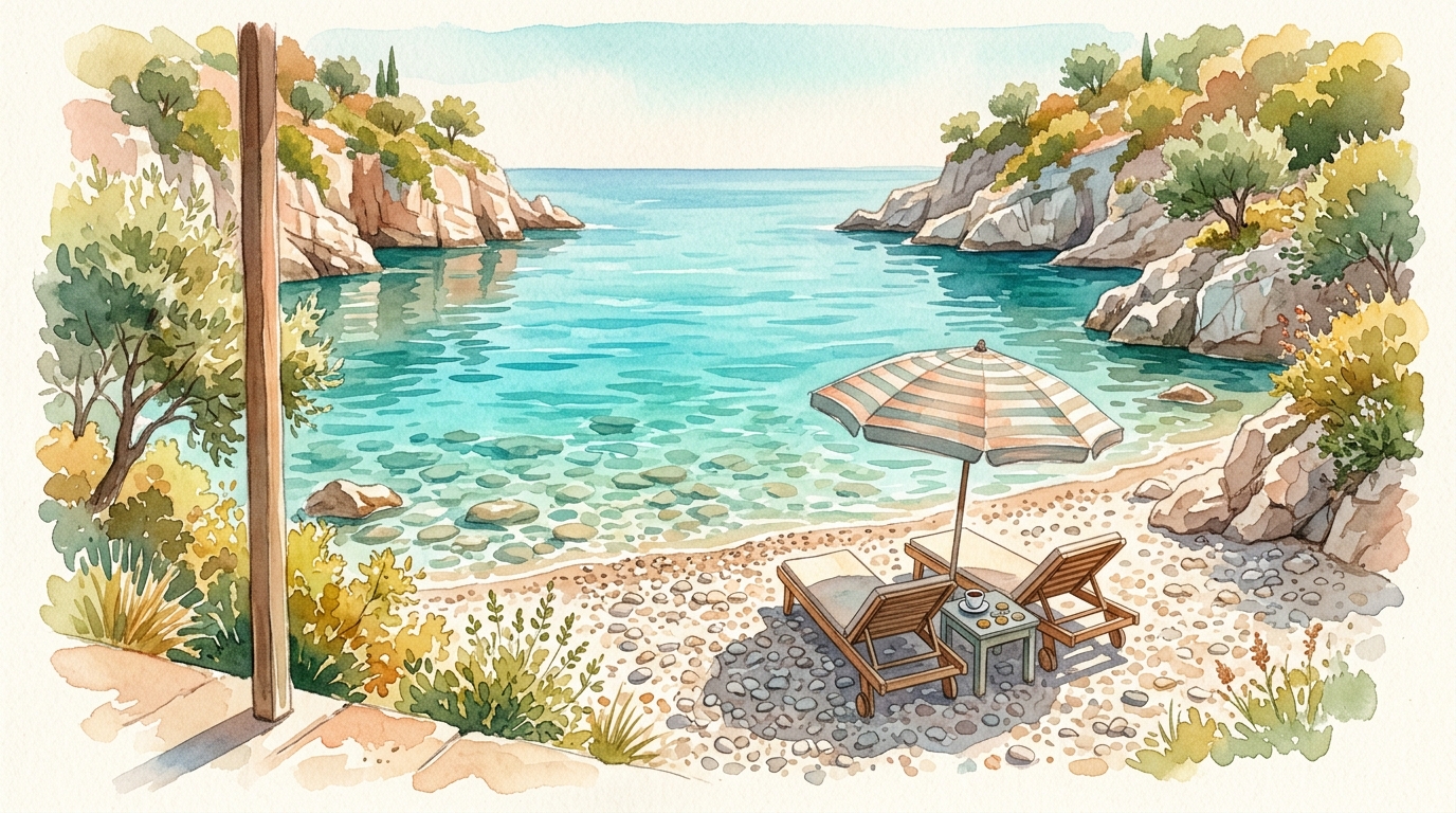 Aquarellillustration einer Kiesbucht am Ionischen Meer, gesehen von einer schattigen Terrasse, mit kristallklarem türkisfarbenem Wasser, unter dem glatte Steine schimmern