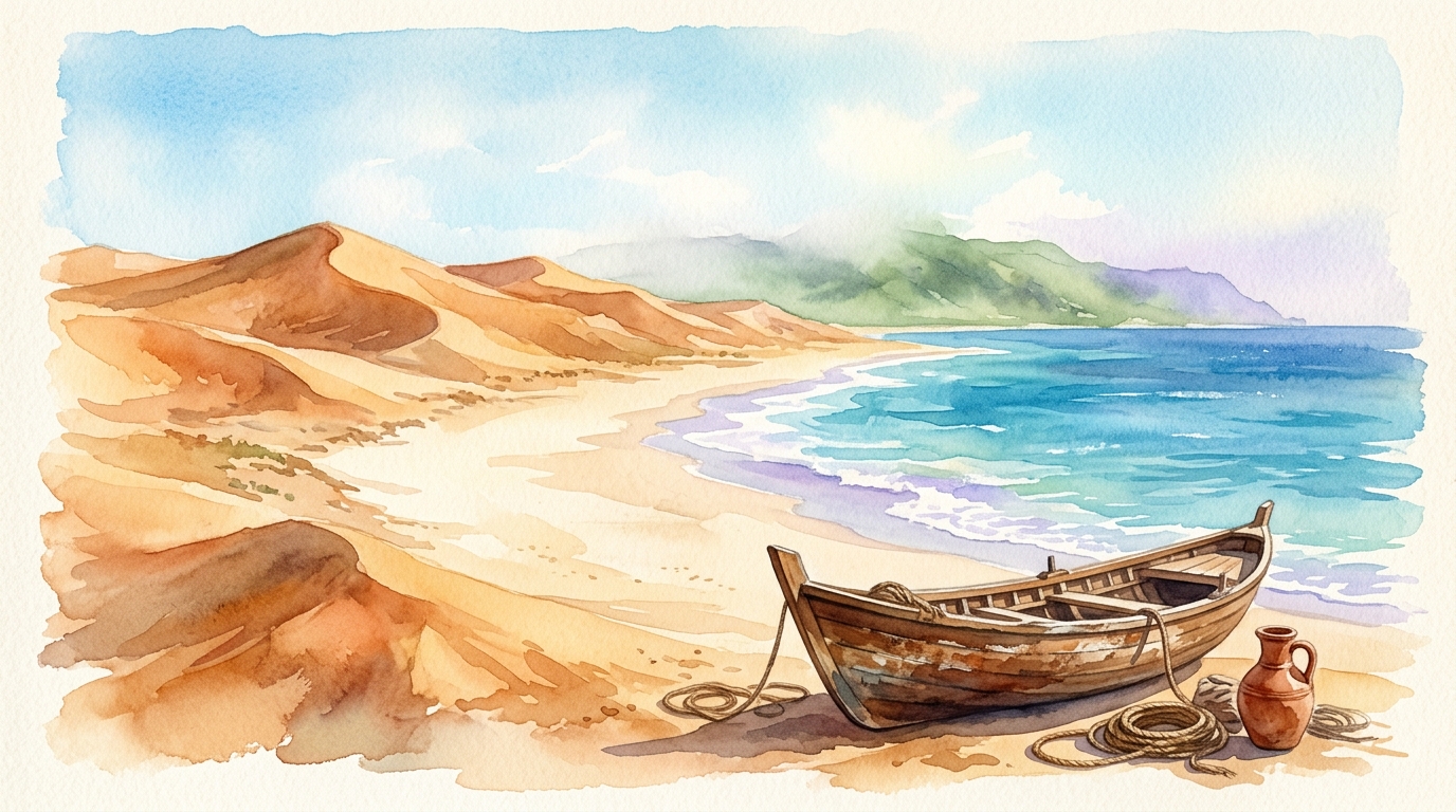 Aquarellillustration einer dramatischen omanischen Szene, wo Wüste auf Ozean trifft: Goldene Sanddünen gleiten hinab zu einem leeren weißen Strand