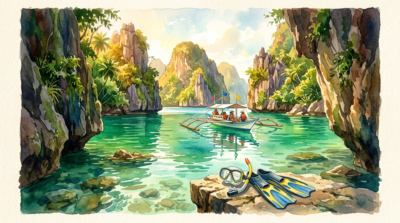 Aquarellillustration einer Kalkstein-Karstlagune in El Nido, Palawan, vom Inneren eines schmalen Kanals zwischen hoch aufragenden, grün bewachsenen Felswänden