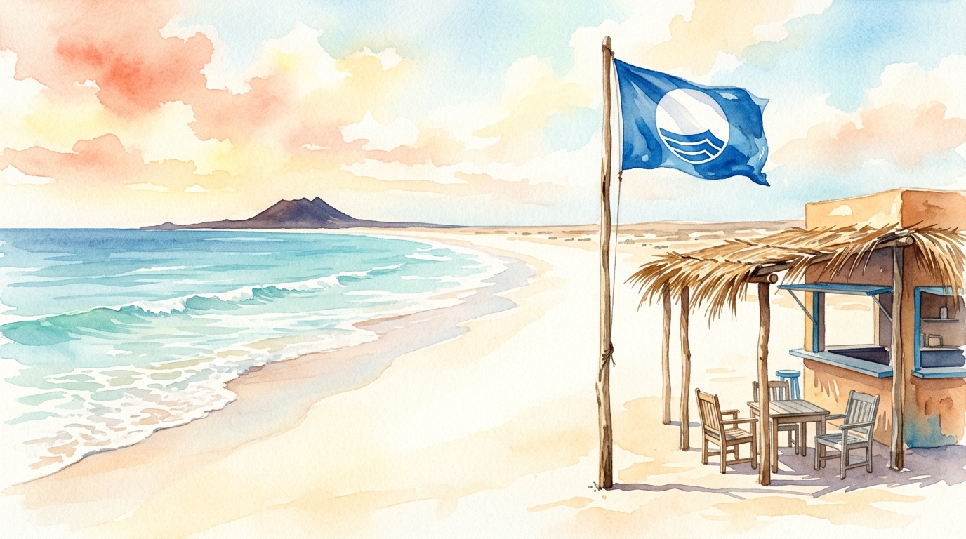 Aquarellillustration eines endlosen, leeren Atlantikstrands auf Boa Vista, Kap Verde, der sich ohne einen einzigen Sonnenschirm oder Liegestuhl bis zum Horizont erstreckt