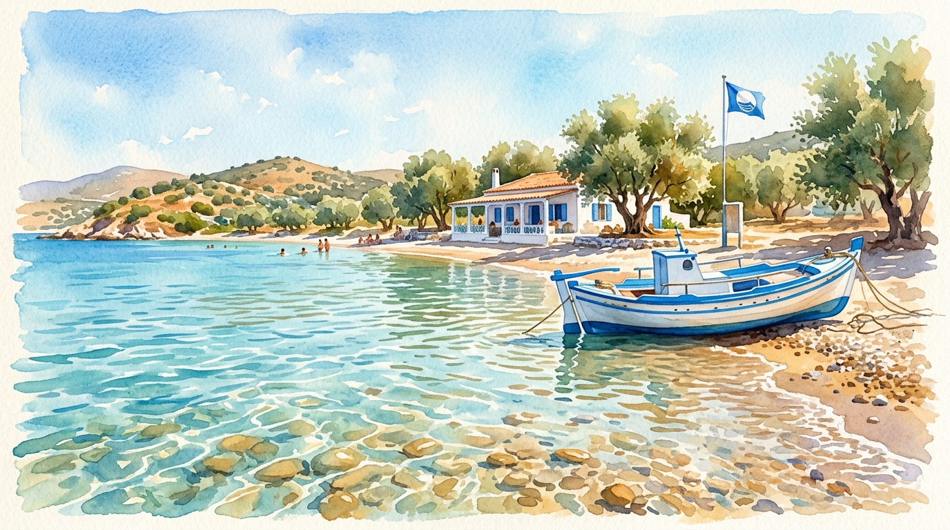 Aquarellillustration einer flachen, kristallklaren griechischen Bucht am Strand von Kalogria auf dem Peloponnes, aus niedriger Perspektive am Wasserrand