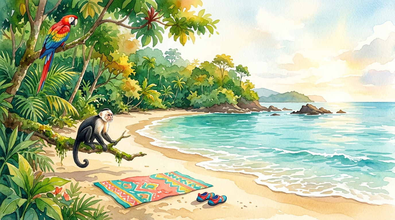 Aquarellillustration einer geschützten Pazifikbucht in Manuel Antonio, Costa Rica, wo Dschungel auf Meer trifft