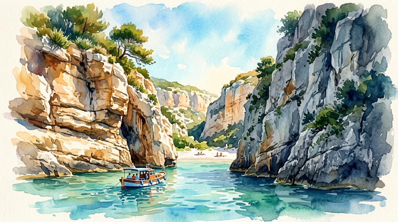 Aquarellillustration der dramatischen Stiniva-Bucht auf der Insel Vis, Kroatien, vom Meer aus blickend nach innen