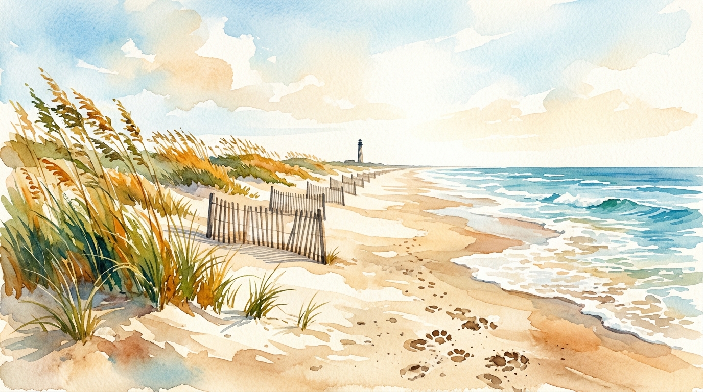 Aquarellillustration eines wilden, windgepeitschten Outer-Banks-Barriereinsel-Strands, der sich endlos in die Ferne erstreckt, ohne Gebäude oder Menschenmengen