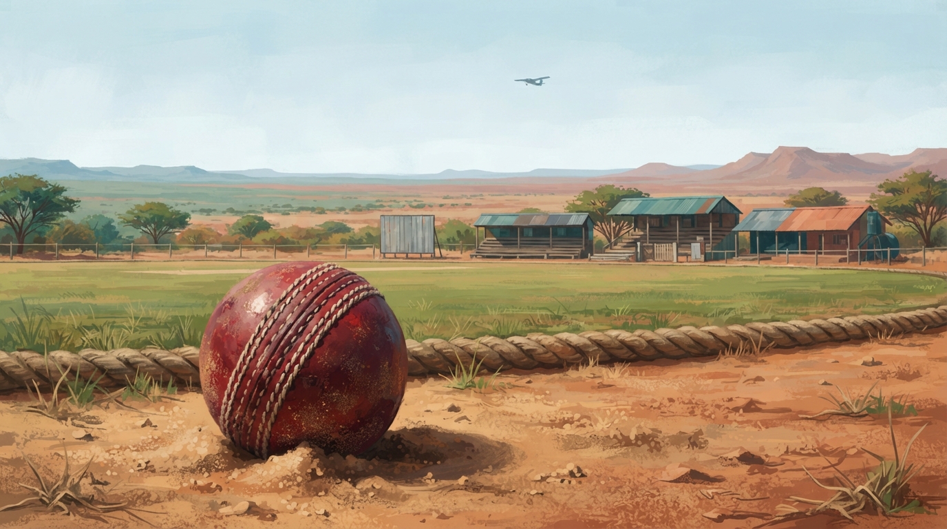 Editorial illustration of A worn red cricket ball sits half-buried in ochre desert sand at the edge of a modest stadium boundary rope in Windhoek,