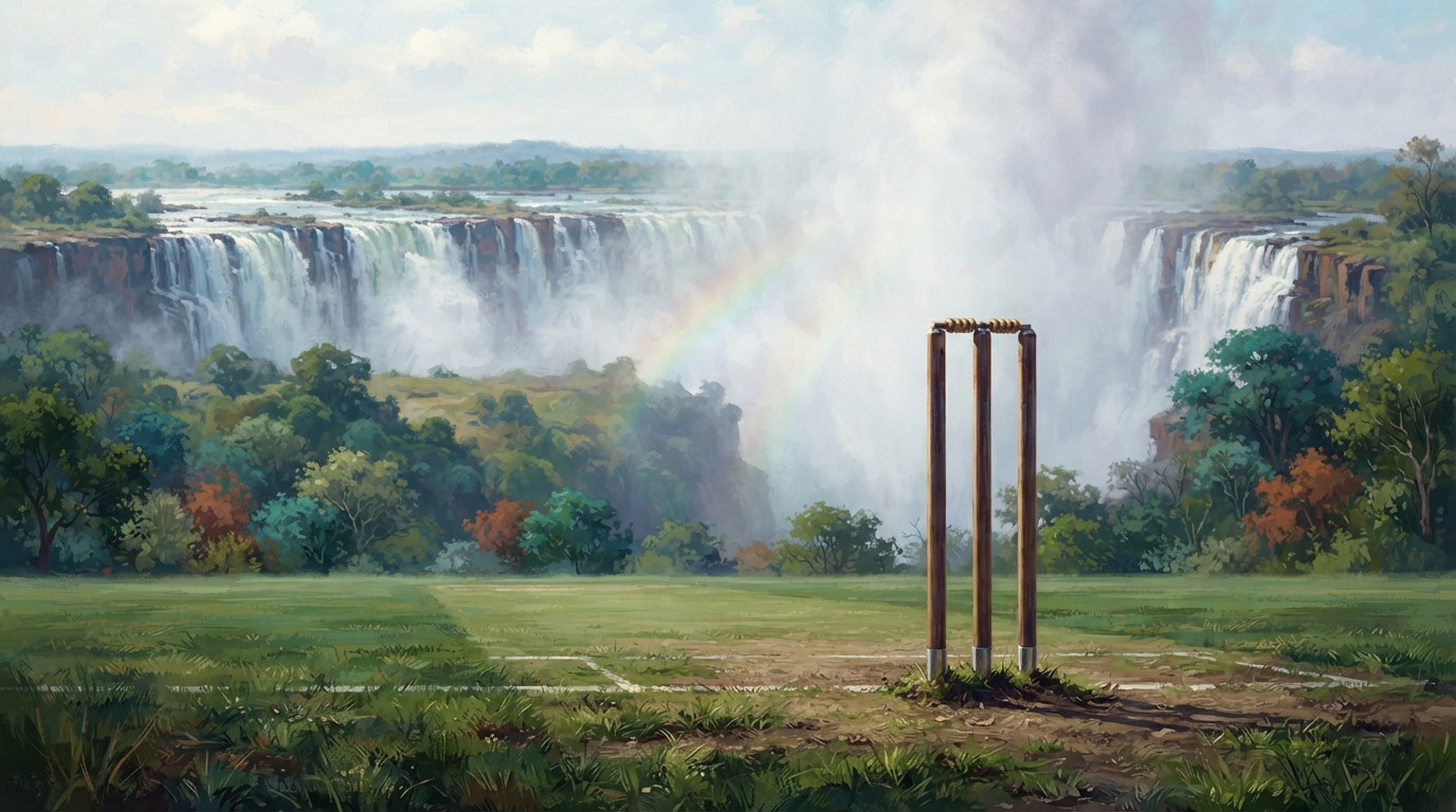 Editorial illustration of A set of cricket stumps stands at the grassy edge of a stadium pitch, framed against billowing white mist rising from Vi