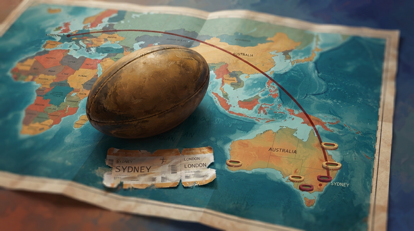 Editorial illustration of A weathered rugby ball rests atop an unfolded aviation route chart showing a single long curved line arcing from Sydney 