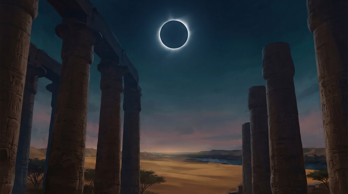 Editorial illustration of The towering sandstone columns of Karnak Temple rise in silhouette against a sky darkened to deep indigo, a slender whit