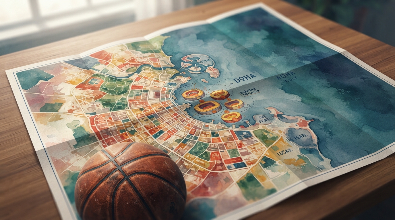 Editorial illustration of An illustrated overhead map of Doha's curved coastline shows four small stadium icons clustered tightly together, each m