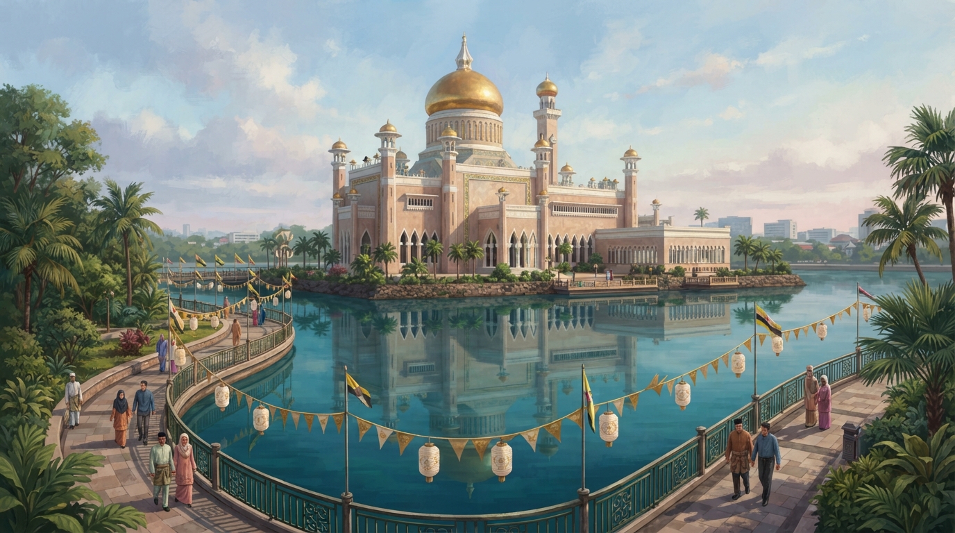 Editorial illustration of Gilded domes and minarets of a grand mosque rise above a still lagoon in Bandar Seri Begawan, their form mirrored perfec