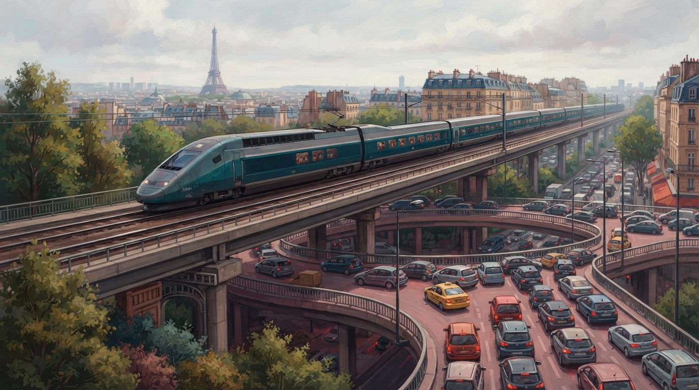 Editorial illustration of A sleek high-speed train speeds along an elevated rail line toward the distant Paris skyline, a faint suggestion of the 