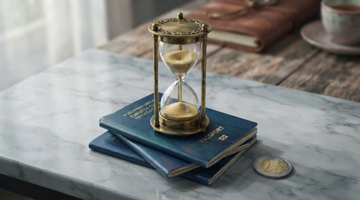 Editorial illustration of A vintage brass hourglass sits atop a small stack of navy-blue European passports, its fine golden sand frozen mid-fall 