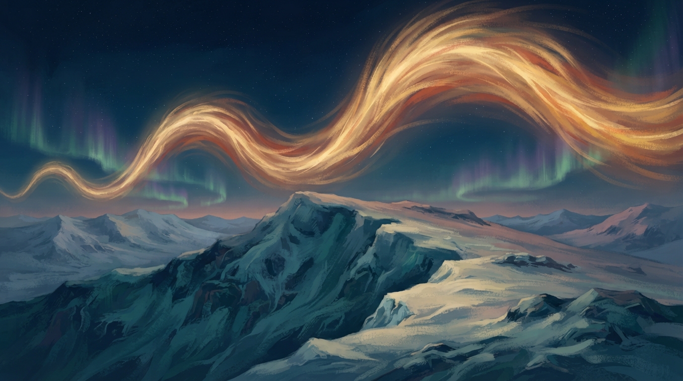 Editorial illustration of An illustrated cosmic diagram of two overlapping solar-activity waves undulating across a deep night sky above a snow-co
