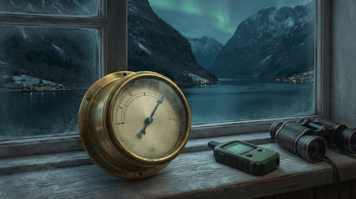 Editorial illustration of A weathered brass dial instrument resembling an old ship's gauge sits on a frost-covered windowsill overlooking a dark f