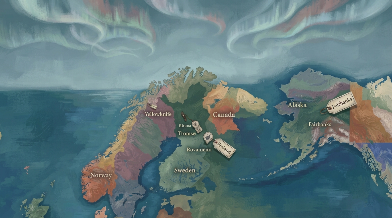 Editorial illustration of An illustrated cartographic map of the Arctic aurora belt spanning Finland, Norway, Sweden, Canada, and Alaska, painted 