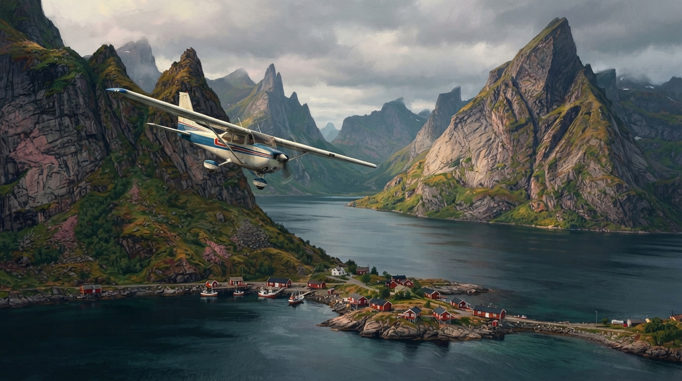 Editorial illustration of A small single-propeller domestic aircraft banks low over Lofoten's jagged fjord peaks rising sheer from dark Arctic wat