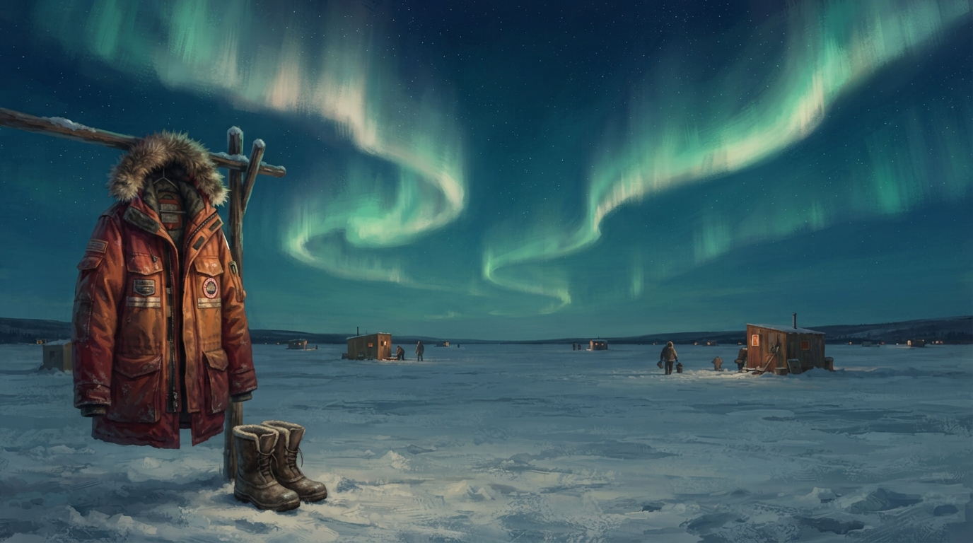 Editorial illustration of A vast, flat frozen tundra plain near Yellowknife stretches unbroken to the horizon with no trees or hills to block the 