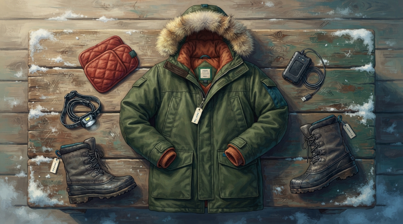 Editorial illustration of Overhead flat-lay of rented Arctic-grade gear spread on a weathered wooden bench: a heavy fur-trimmed parka, insulated b