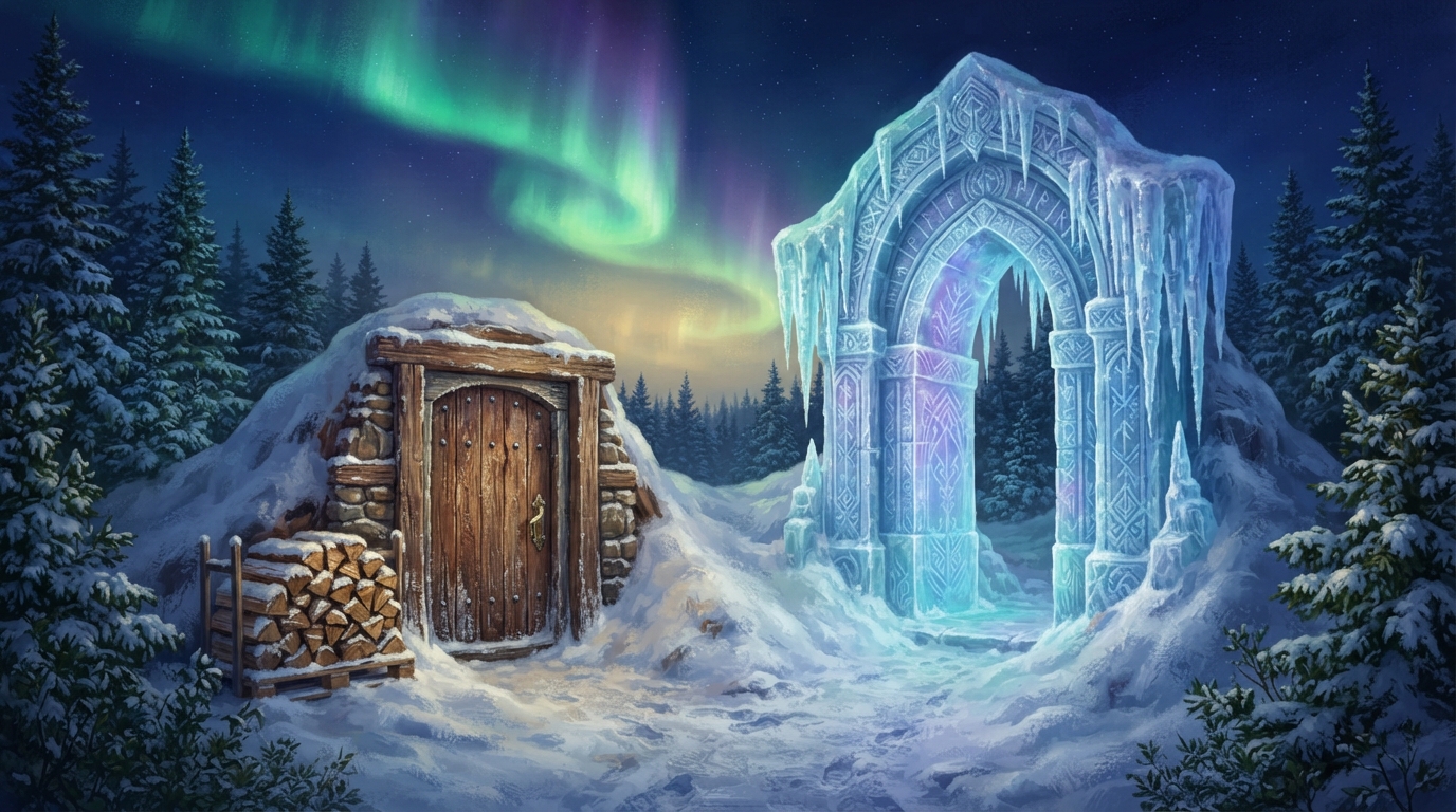 Editorial illustration of Two guesthouse doorways of wildly different scale stand side by side in a snowdrift, one a modest low wooden door with a, representing northern lights trip cost 2026