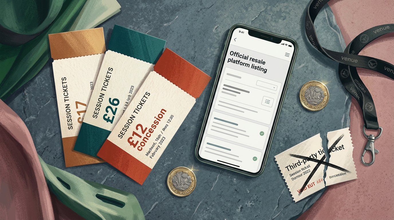 Redaktionelle Illustration: Aufsicht auf drei fächerförmig ausgelegte Session-Tickets auf einer Schieferplatte, jedes mit einer anderen Preiskategorie bedruckt, "17 £"
