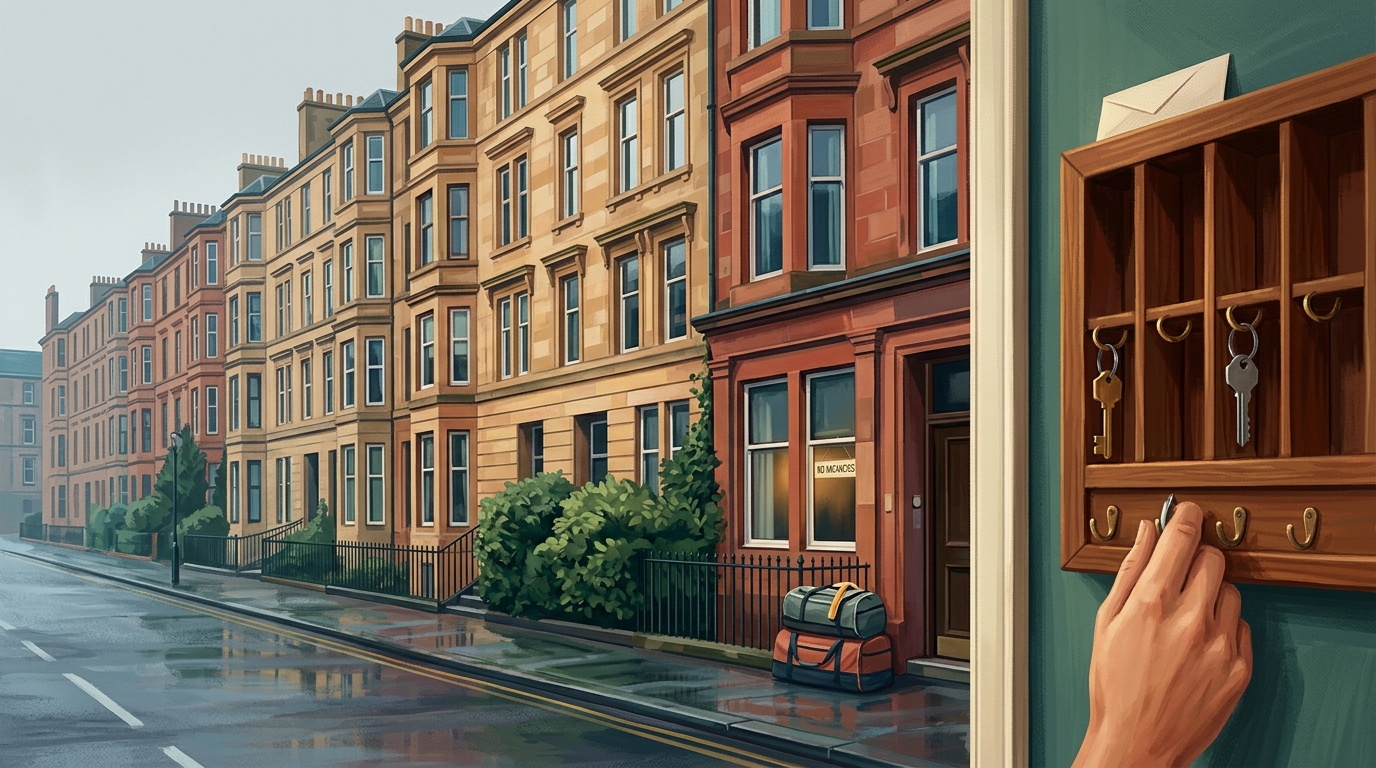 Redaktionelle Illustration: eine hohe Zeile aus blondem und rotem Glasgower Sandstein-Mietshäusern und ein Stadthotel an einer nassen Straße unter flachem grauem schottischem