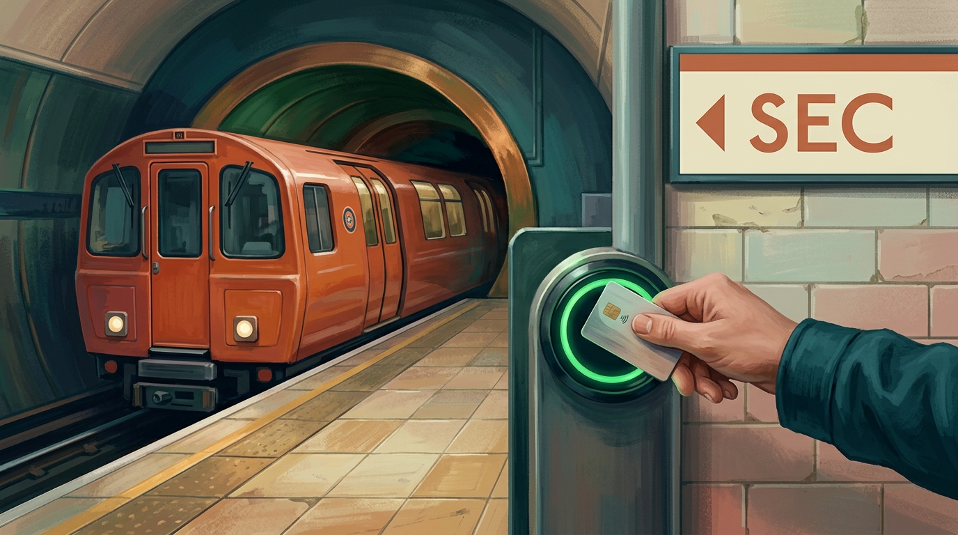 Redaktionelle Illustration: ein kleiner runder Glasgow-Subway-Wagen in seiner unverwechselbaren leuchtend orangen Lackierung fährt in einen gekachelten unterirdischen Bahnsteig ein
