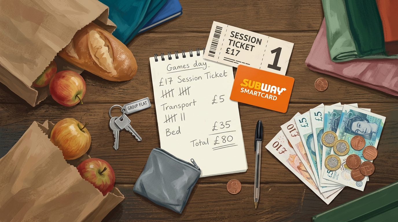 Redaktionelle Illustration: Aufsicht auf einen einzelnen sparsamen Games-Tag, ausgebreitet auf einem abgenutzten Eichentisch, die Bausteine eines Budgets von rund 80 Pfund