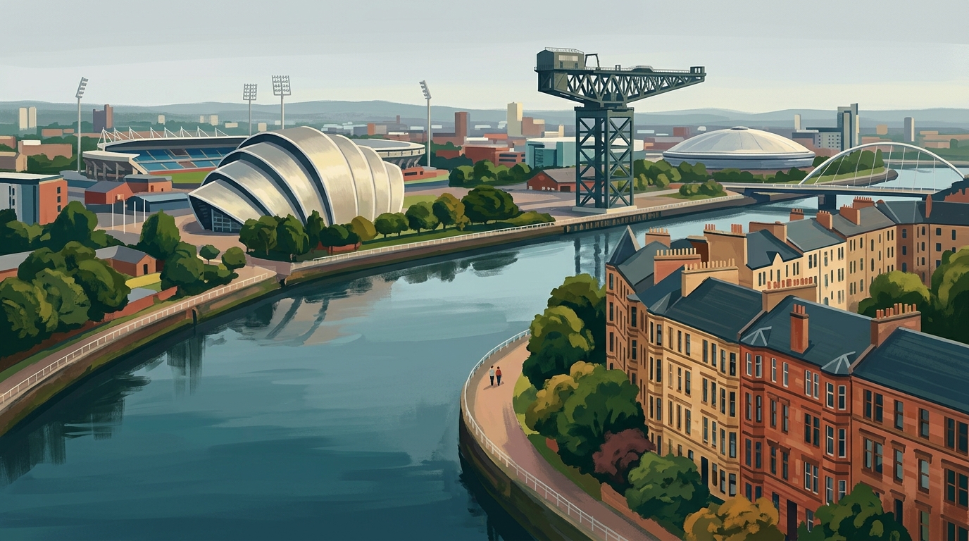 Redaktionelle Illustration: eine ruhige Stadtansicht des kompakten Glasgow unter weichem flachem grauem Sommerlicht: der River Clyde, der sich am SEC-Armadillo vorbeibiegt