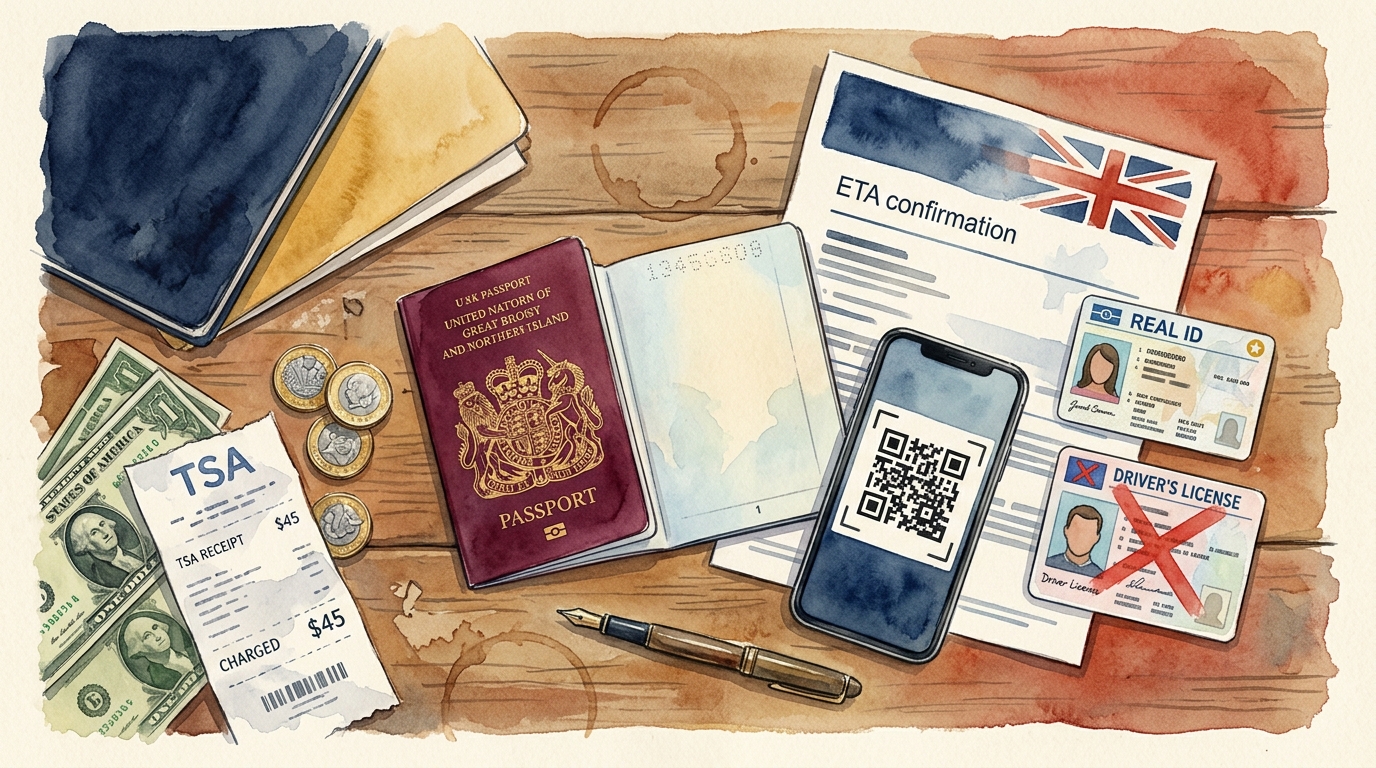 Aquarellillustration einer Aufsicht auf einen alten Holzschreibtisch mit verstreuten Reisedokumenten: ein geöffneter britischer Reisepass