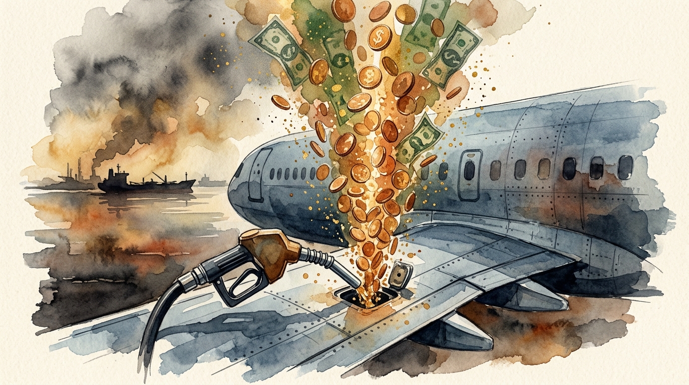 Aquarellillustration einer Zapfpistole, die im Tankstutzen einer großen Verkehrsflugzeug-Tragfläche steckt, mit einer aufragenden Säule aus goldenen Münzen