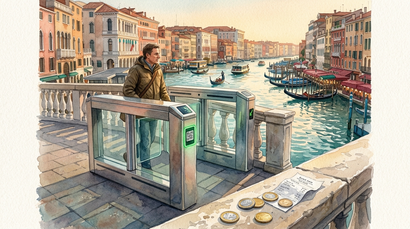Aquarellillustration des Canal Grande in Venedig von einer Brücke aus, mit einem elektronischen Drehkreuz am Kanaleingang, teilweise verdeckt