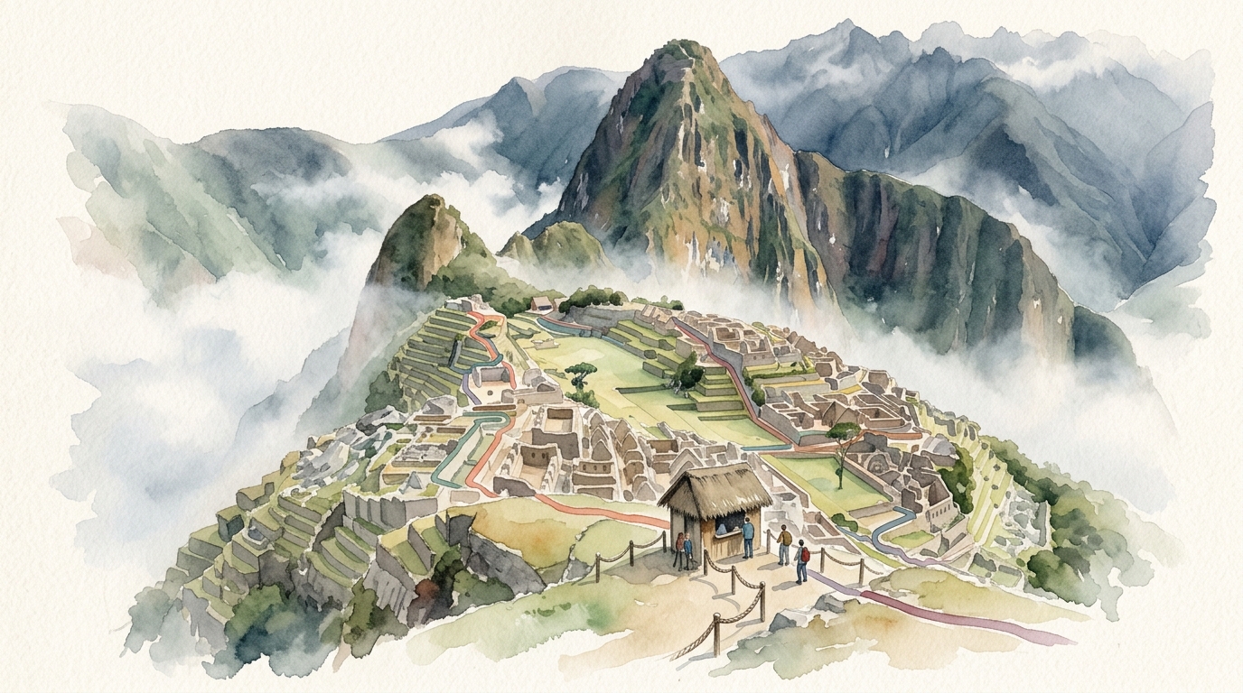 Aquarellillustration von Machu Picchu aus der Ferne, die antiken Steinterrassen und Ruinen tauchen aus wirbelndem Morgennebel vor den Anden auf