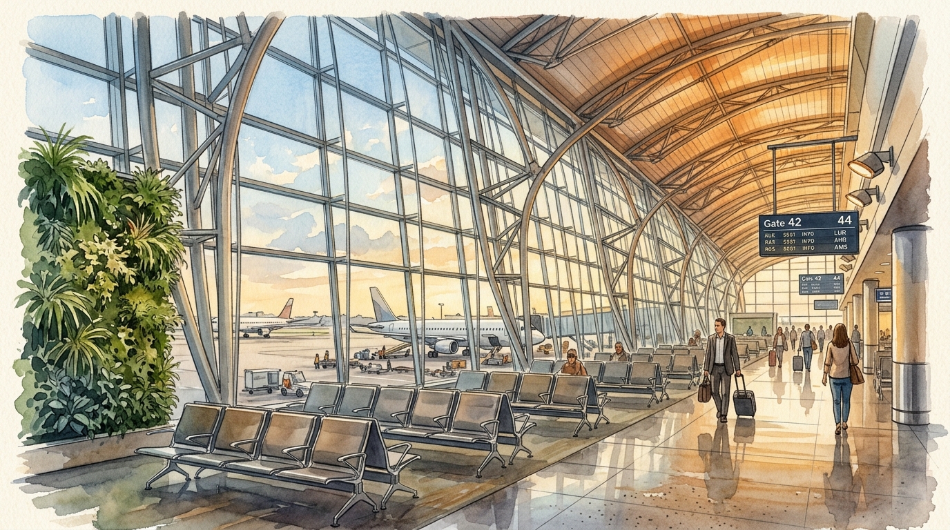 Aquarellillustration eines glänzenden modernen Flughafenterminals mit hohen Glaswänden und geschwungenem Dach, betrachtet von einem leeren Gate-Bereich