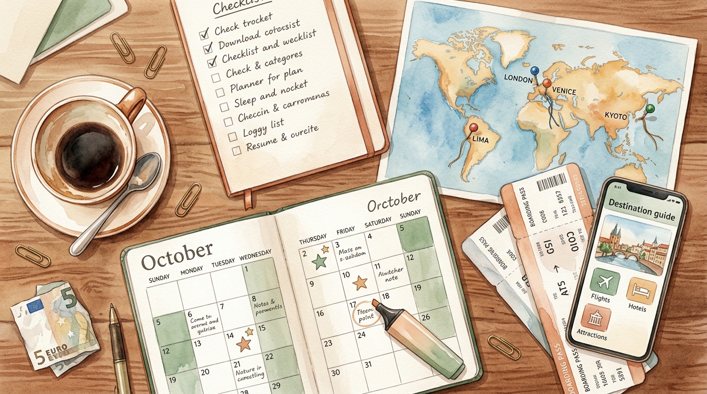 Aquarellillustration eines aufgeräumten Reiseplanungs-Schreibtischs: ein Notizbuch mit Checkliste und abgehakten Punkten, ein Smartphone mit Reiseziel-App