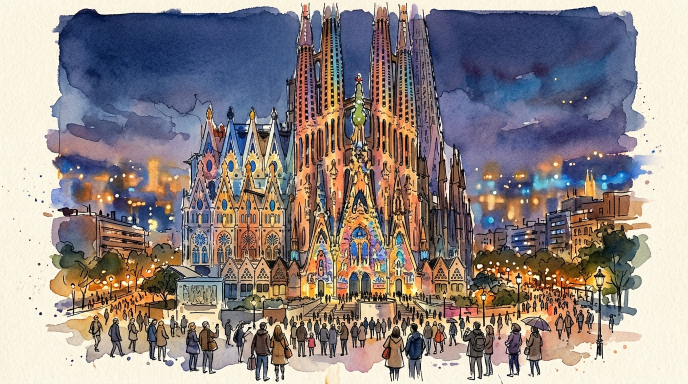 Aquarellillustration der Sagrada Familia mit bunten Lichtprojektionen in der Abenddämmerung während der Barcelona Architecture Weeks 2026