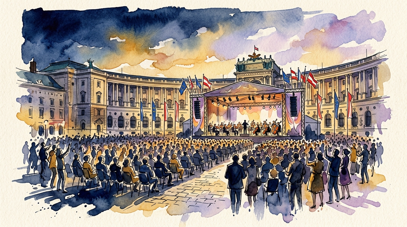 Aquarellillustration eines klassischen Konzerts auf dem Wiener Heldenplatz mit Hofburg und europäischen Flaggen