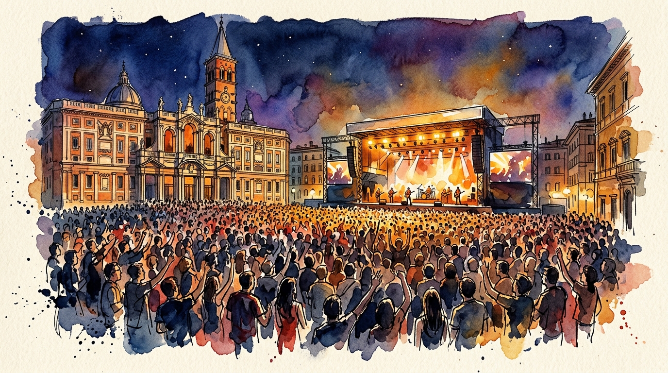 Aquarellillustration des nächtlichen Open-Air-Konzerts auf der Piazza San Giovanni in Rom mit Tausenden von Zuschauern