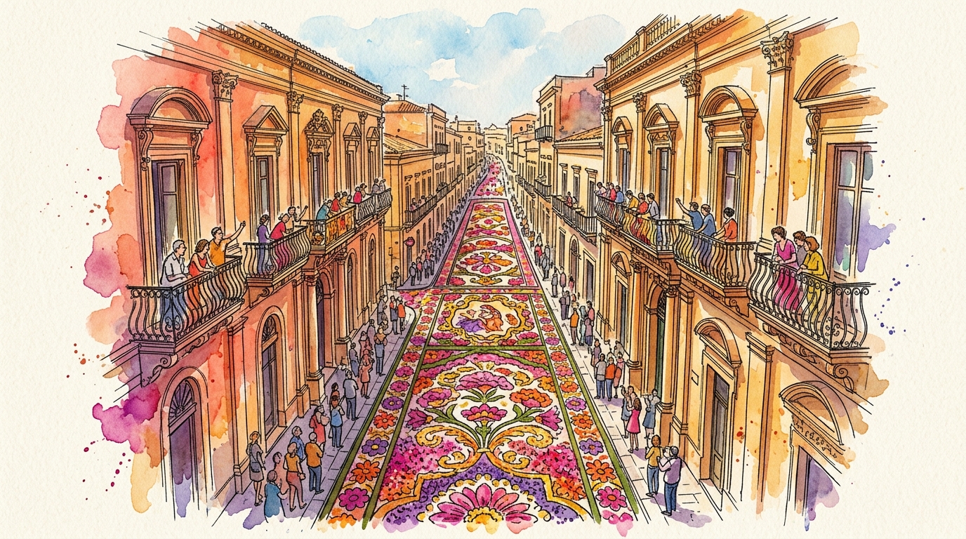 Aquarellillustration der Blütenblatt-Mosaike der Infiorata di Noto auf der barocken Straße, von Balkonen oben betrachtet