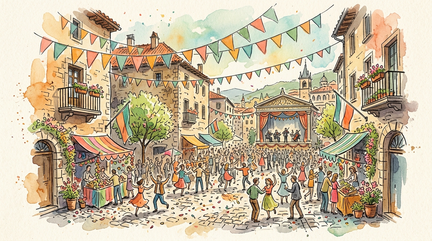 Watercolor illustration of a European spring festival with bunting, crowds, and flower petals in a city square - events in Europe May 2026