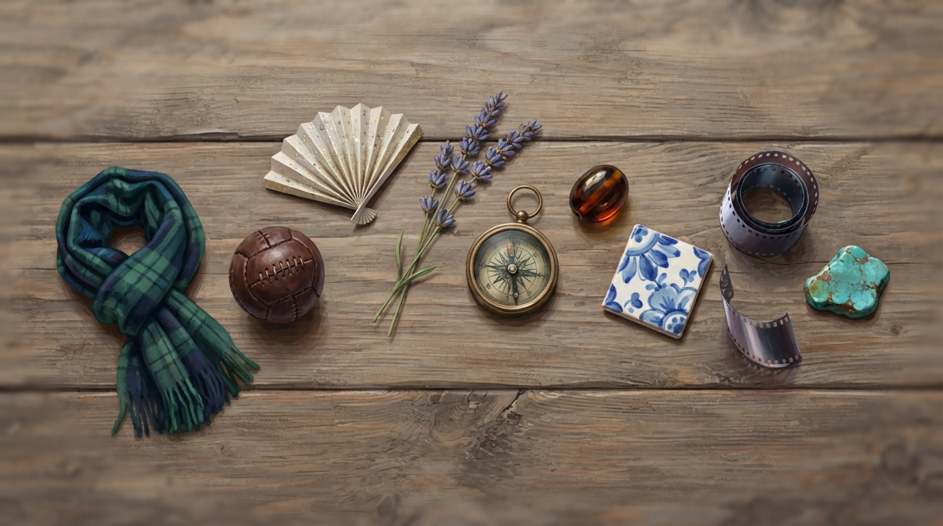 Editorial illustration of Overhead flat-lay of nine small travel tokens arranged in a loose arc across a weathered wooden table: a folded wool sca
