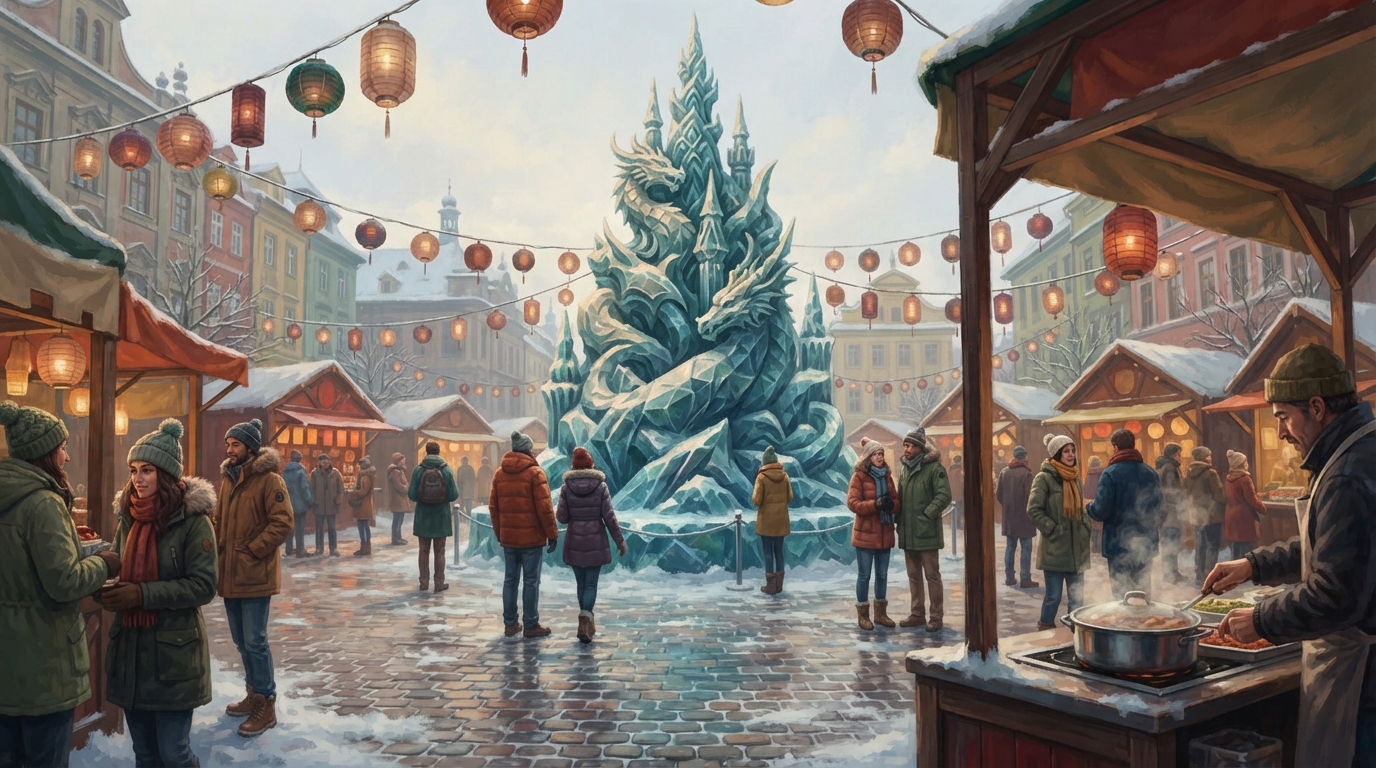 Editorial illustration of A towering hand-carved snow sculpture rises from a wide plaza under soft diffuse daylight, its surface catching muted li