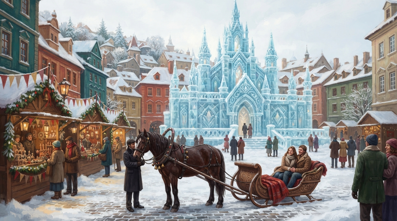Editorial illustration of A grand ice palace with turrets and archways carved from thick blue-white ice blocks stands at the center of a snow-pack