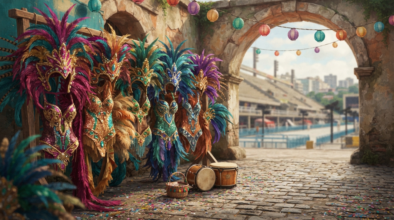 Editorial illustration of A row of elaborate carnival feather headdresses and sequined costume pieces hangs against a weathered stone archway, cat
