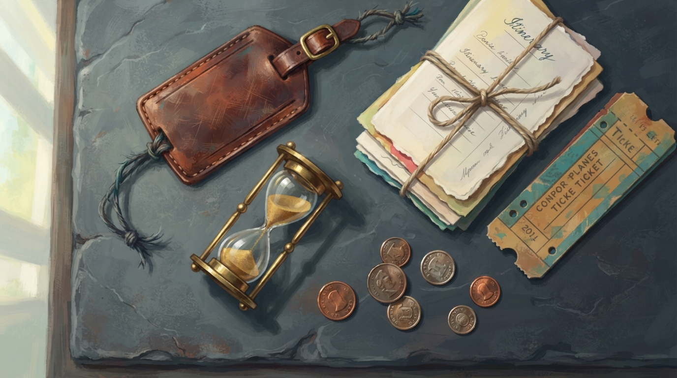 Editorial illustration of Overhead flat-lay of travel-planning objects on a weathered slate countertop: a well-worn leather luggage tag, a small b