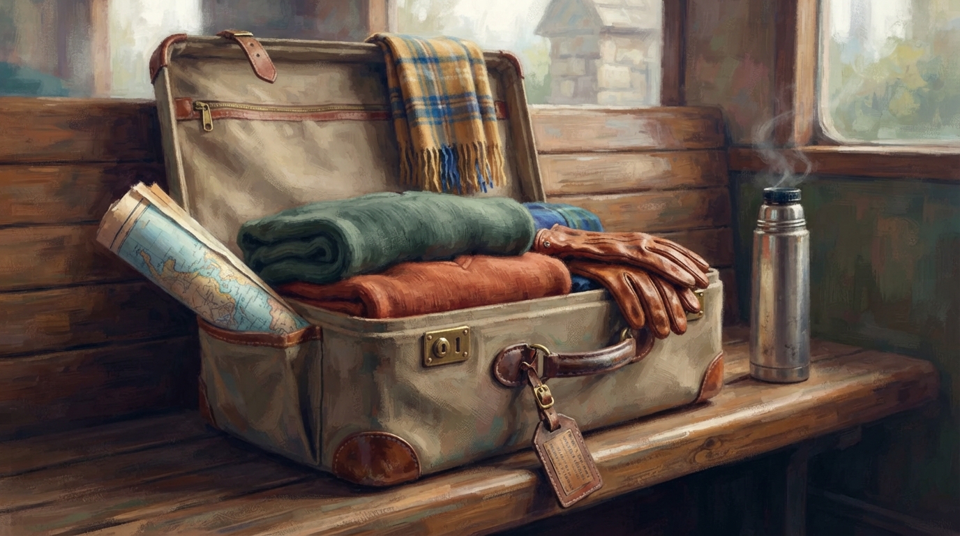 Editorial illustration of A half-packed canvas suitcase lies open on a wooden bench, neatly rolled sweaters and a folded scarf tucked beside a pai