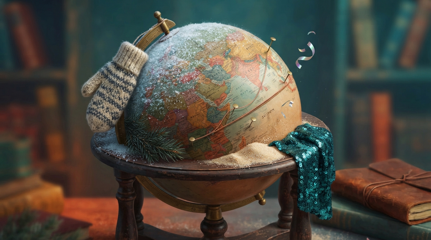 Editorial illustration of An old brass globe tilts on its stand, one hemisphere dusted with fine snow and hung with a single knitted wool mitten, , representing best travel destinations winter 2026