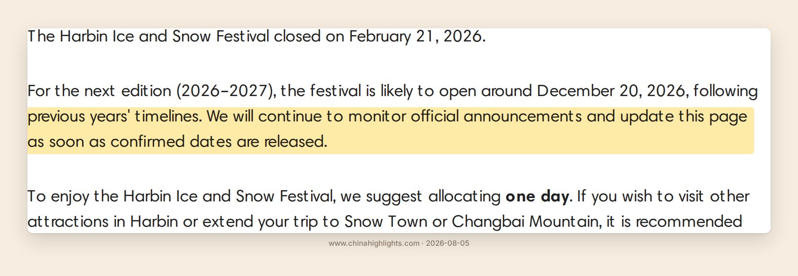China Highlights' Harbin Ice and Snow Festival page stating it will monitor official announcements and update the page once confirmed dates are released
