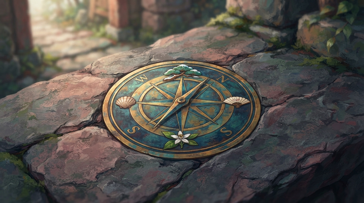 Editorial illustration of An unmarked brass compass rose inlaid into weathered dark stone, its points marked not with letters but with small paint
