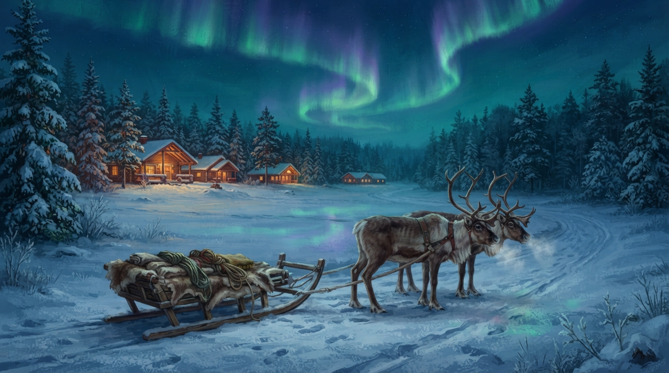 Editorial illustration of A snow-covered clearing in Finnish Lapland at blue dusk, two reindeer with breath visible in the cold air standing near 